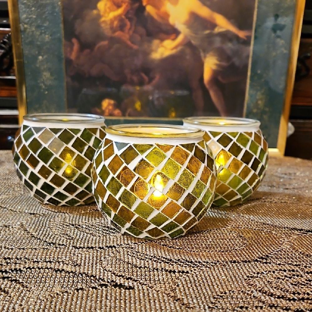 3 Mosaic Candle Holders - Green,Brown and Gold Hues